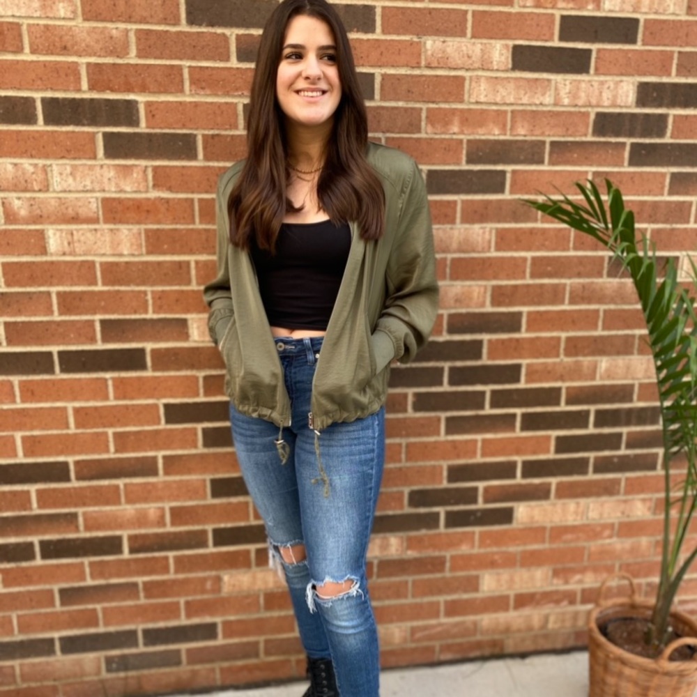 Olive green thin bomber jacket, gold color zipper